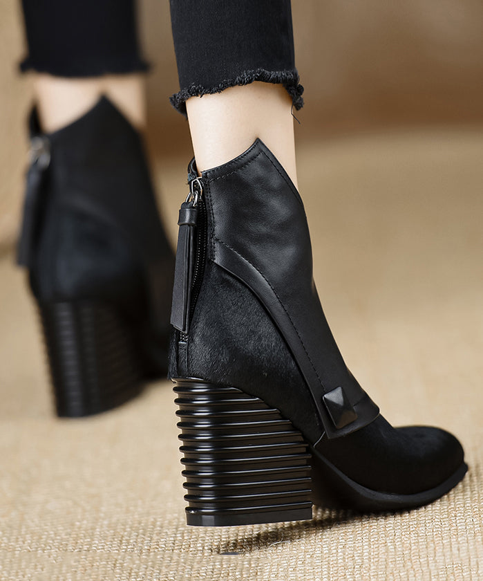 Black Pointed Toe Horsehair Short Boots Unique Splicing