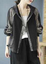 Black Print Button Hooded Denim Coat Long Sleeve