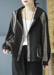 Black Print Button Hooded Denim Coat Long Sleeve