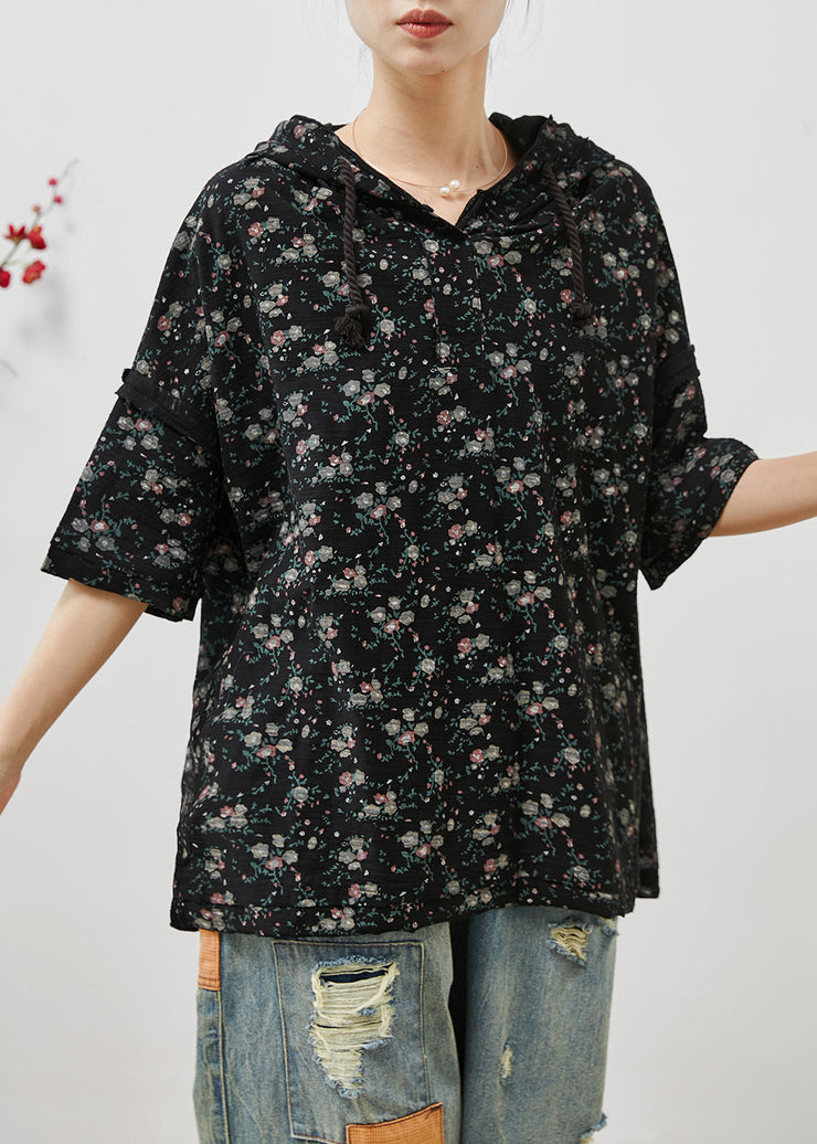 Black Print Cotton Hooded Sweatshirts Top Oversized Summer