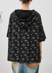 Black Print Cotton Hooded Sweatshirts Top Oversized Summer