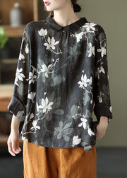 Black Print Cozy Ramie Top Long Sleeve