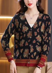 Black Print Cozy Wool Knit Cardigan V Neck Long Sleeve