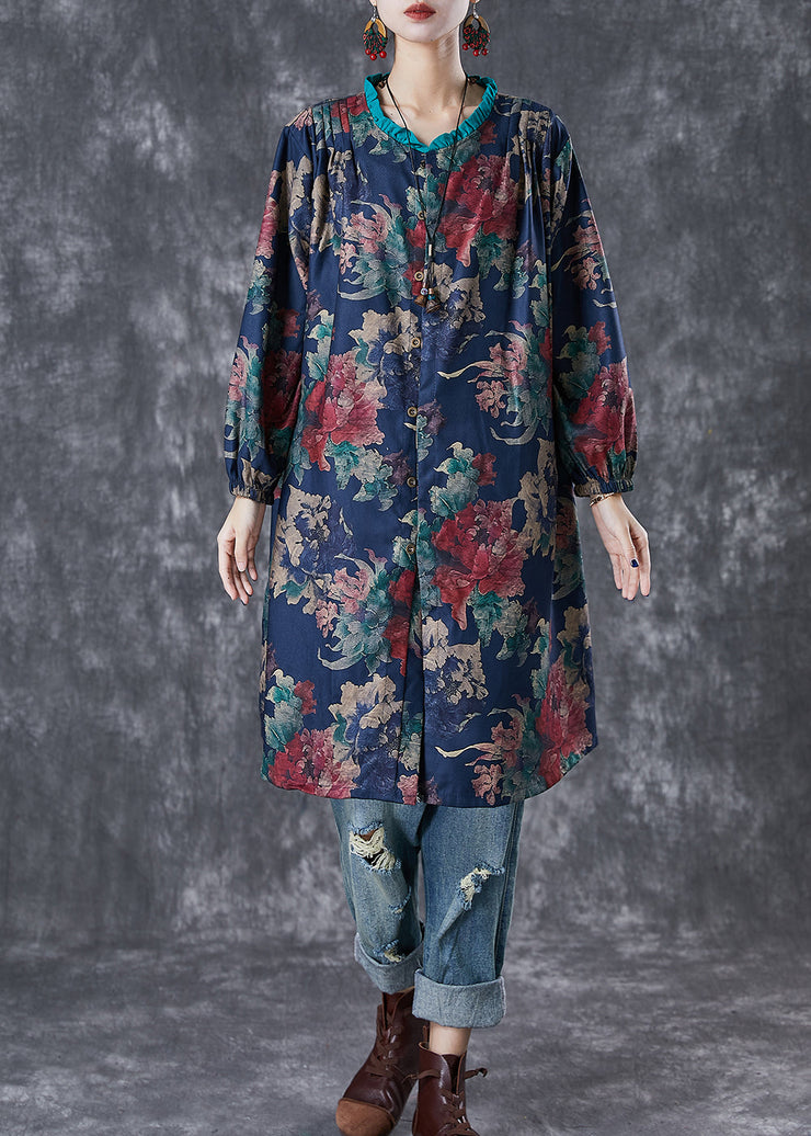 Black Print Linen Shirt Dress Ruffled Fall