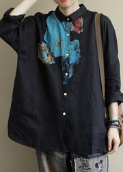 Black Print Linen Shirts Peter Pan Collar Oversized Fall