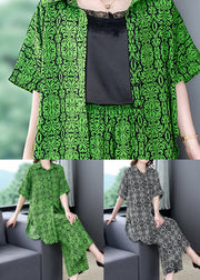 Black Print Loose Chiffon Two Pieces Set Peter Pan Collar Summer