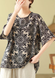 Black Print Loose Cotton Top O Neck Short Sleeve