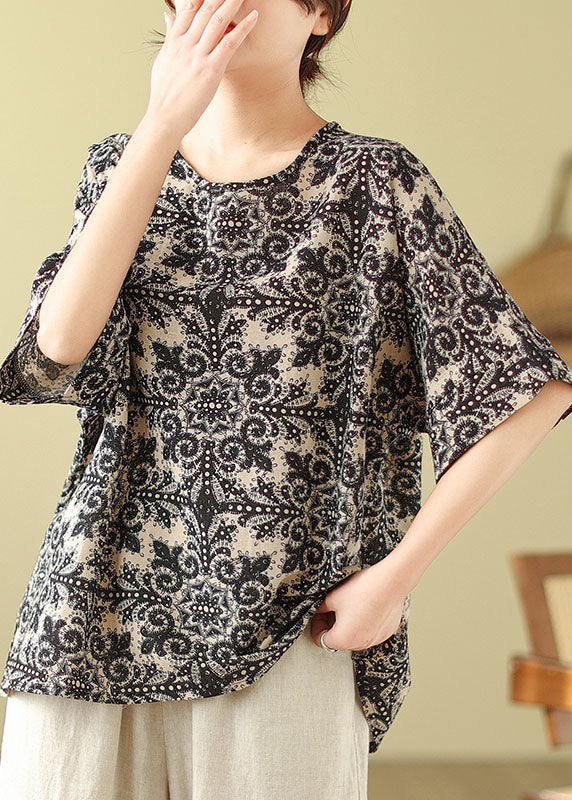 Black Print Loose Cotton Top O Neck Short Sleeve