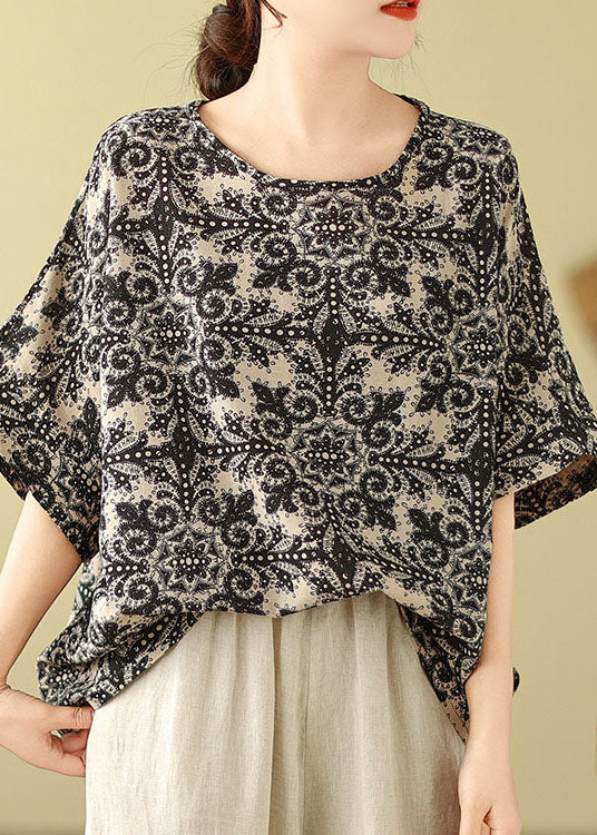 Black Print Loose Cotton Top O Neck Short Sleeve