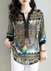 Black Print Patchwork Chiffon Shirt Tops V Neck Nail Bead Summer