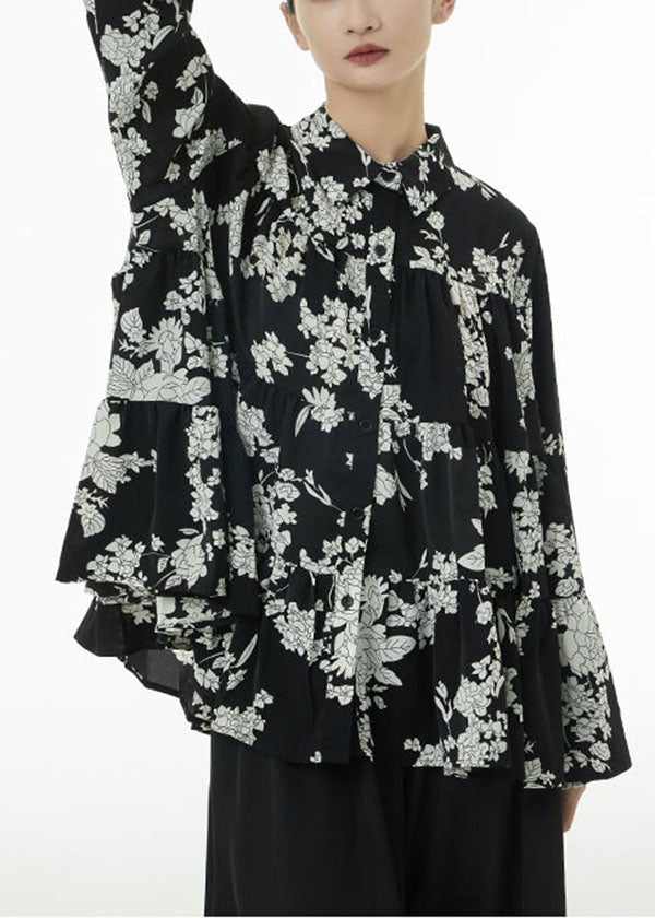 Black Print Patchwork Cotton Blouses Tops Oversized Wrinkled Spring