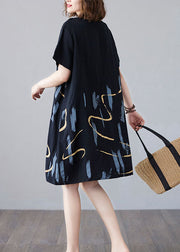 Black Print Patchwork Cotton Mid Dress Ruffled O Neck Summer