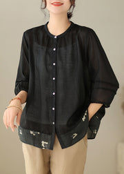 Black Print Patchwork Linen Top Stand Collar Wrinkled Button Summer