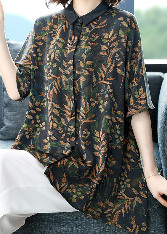 Black Print Patchwork Loose Silk Top Peter Pan Collar Summer