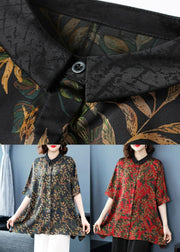 Black Print Patchwork Loose Silk Top Peter Pan Collar Summer