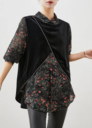 Black Print Patchwork Silk Velour Fake Two Piece Shirt Spring