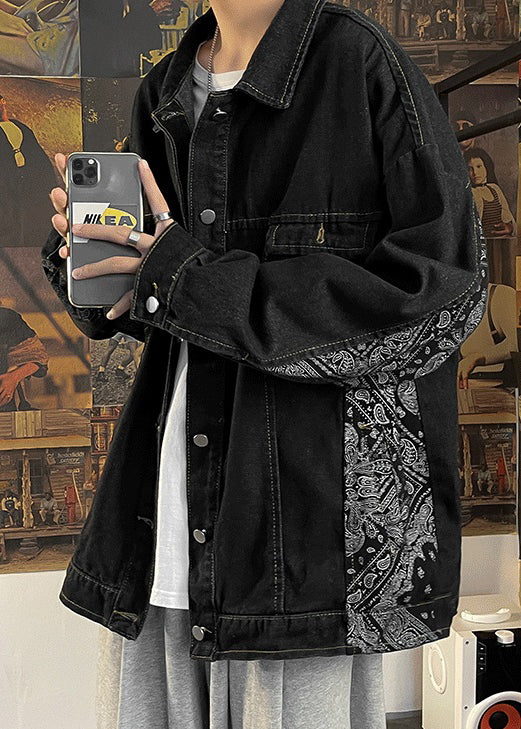 Black Print Pockets Coats Mens Coats Peter Pan Collar Fall