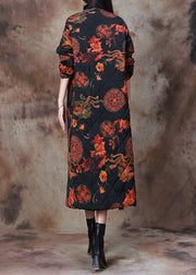 Black Print Pockets Cotton Filled Long Coats Stand Collar Spring