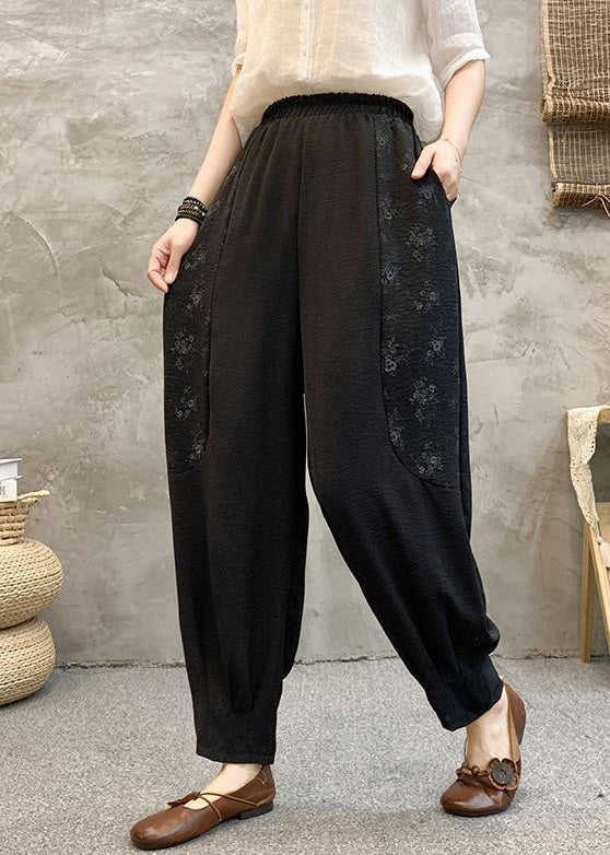 Black Print Pockets Cotton Summer Harem Pants High Waist