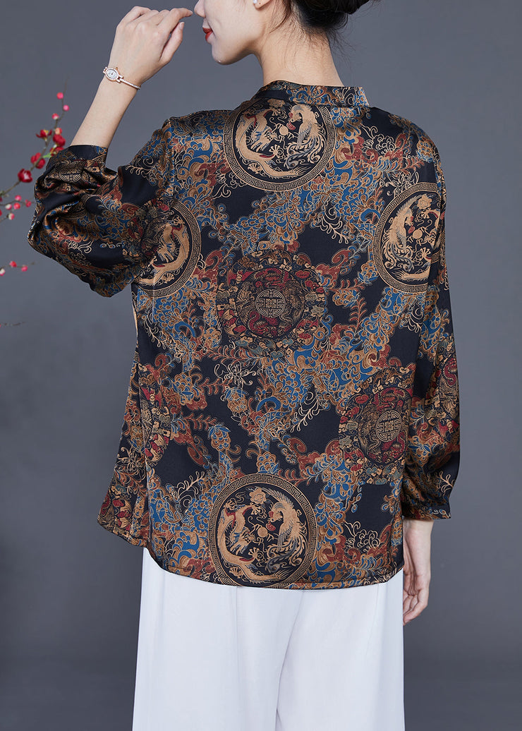 Black Print Silk Blouse Tops Stand Collar Tassel Spring