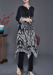 Black Print Silk Dress And Pant Two Piece Set Outfits Asymmetrical Fall