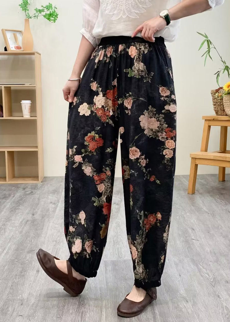 Black Print Silk Linen Lantern Pants Summer