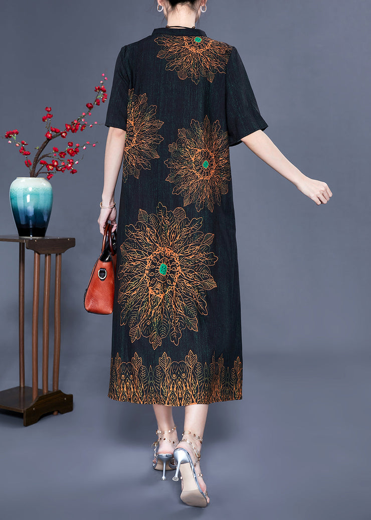 Black Print Silk Long Dress Oversized Pocket Summer