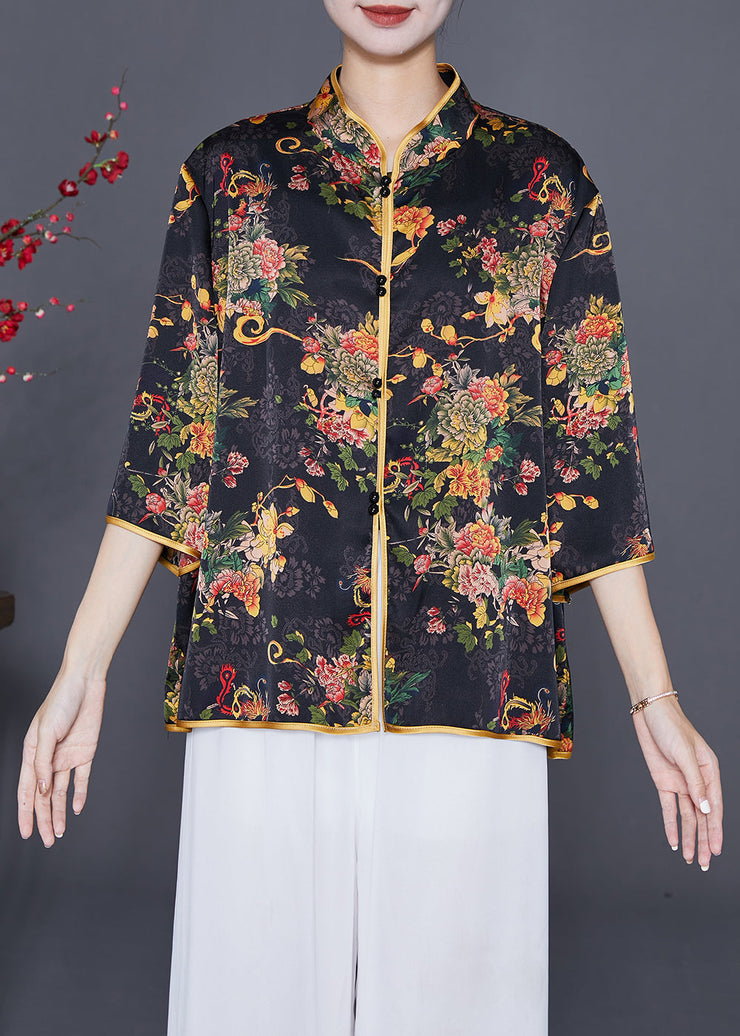 Black Print Silk Shirt Mandarin Collar Button Summer