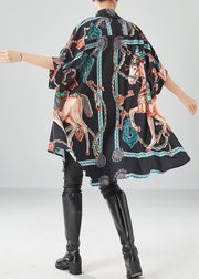 Black Print Silk Vacation Dresses Oversized Draping Batwing Sleeve