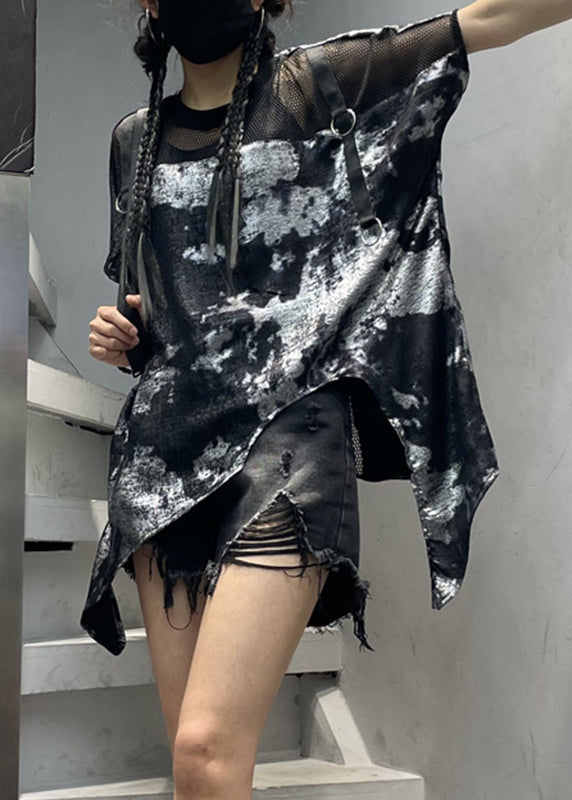 Black Print Tulle Patchwork T Shirts Summer