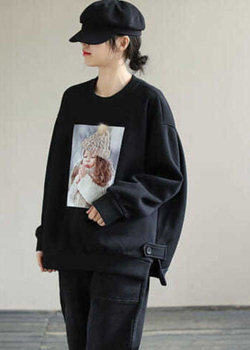 Black Print Warm Fleece Loose Pullover Sweatshirt O-Neck Winter