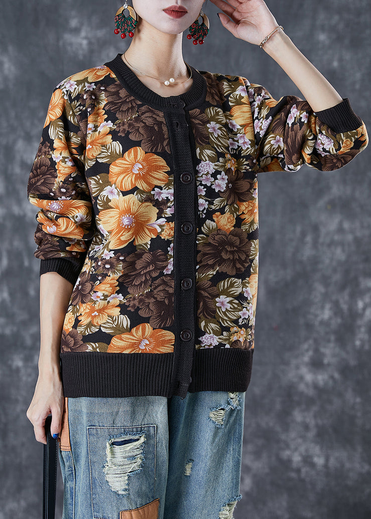 Black Print Warm Knit Sweaters Button Down Winter