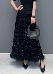 Black Raw Edge Patchwork Silk Velvet Skirts High Waist