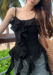 Black Ruffled Cotton Spaghetti Strap Tank Asymmetrical Summer