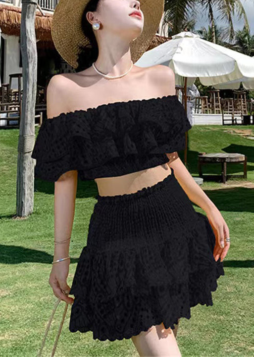 Black Ruffled Cotton Two Piece Suit Set Slash Neck Short Sleeve