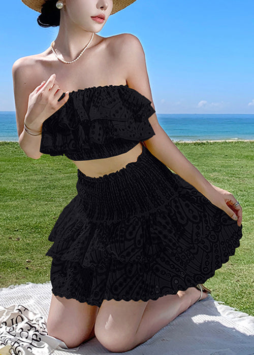 Black Ruffled Cotton Two Piece Suit Set Slash Neck Short Sleeve