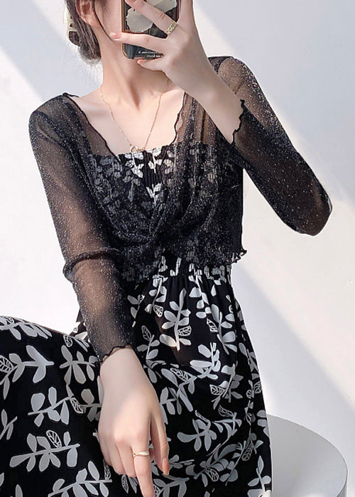 Black Ruffled Thin Tulle Top V Neck Summer