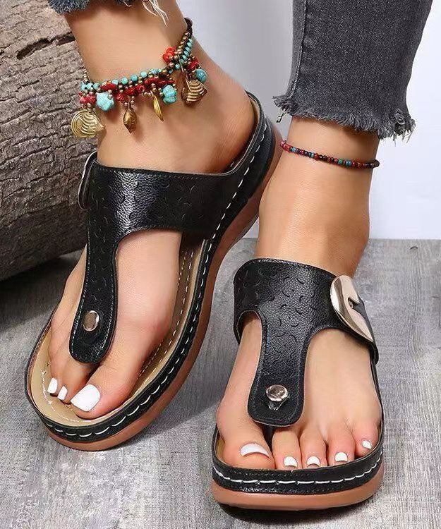 Black Sequined Rivet Splicing Beach Wedge Thong Sandals