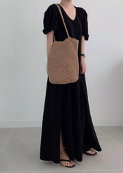 Black Side Open Knit Maxi Dress Long Sleeve