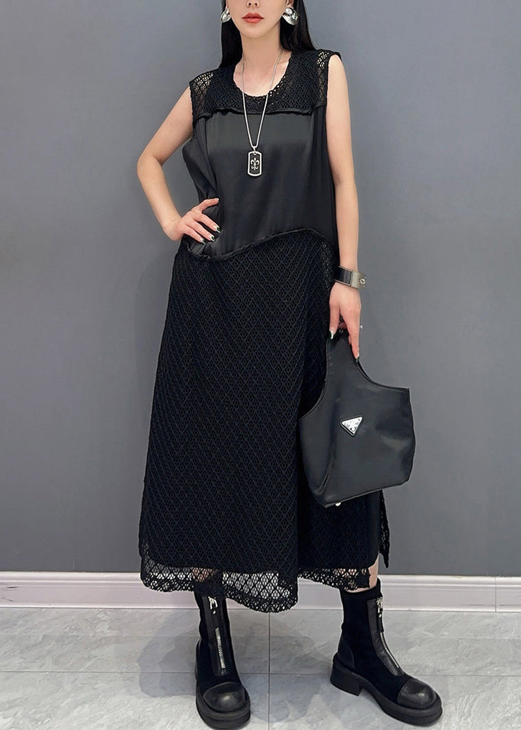 Black Side Open Patchwork Knit Dresses O Neck Summer