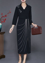 Black Silm Fit Cotton Long Dresses Notched Collar Fall