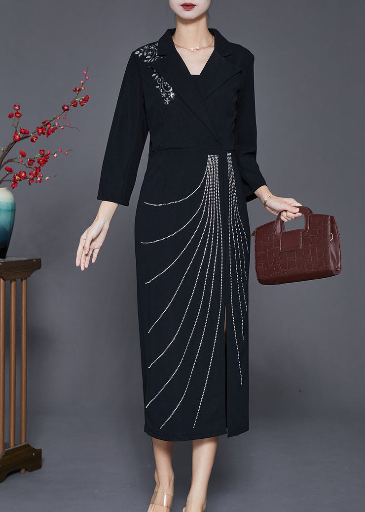 Black Silm Fit Cotton Long Dresses Notched Collar Fall