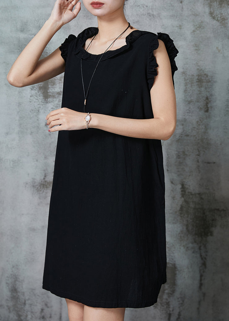 Black Silm Fit Cotton Short Dress Ruffled Summer