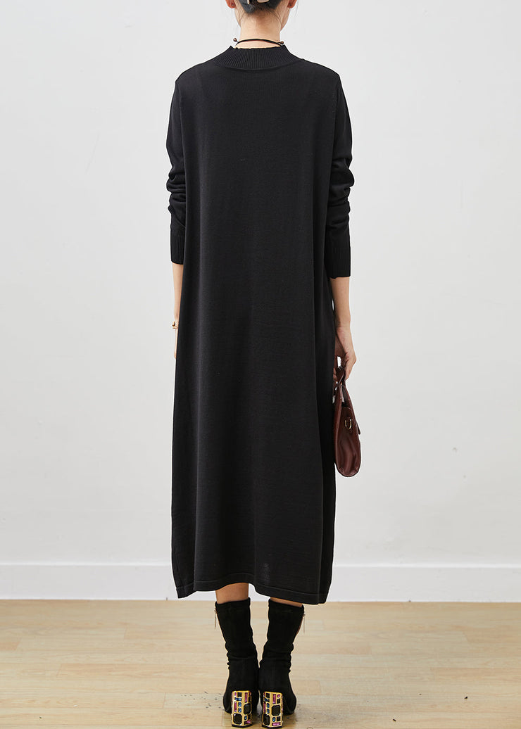 Black Silm Fit Knit Long Dress Stand Collar Spring