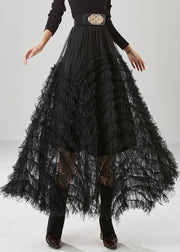 Black Silm Fit Tulle A Line Skirt Ruffled High Waist Fall