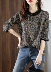 Black Slim Fit Chiffon Shirts Stand Collar Print Spring