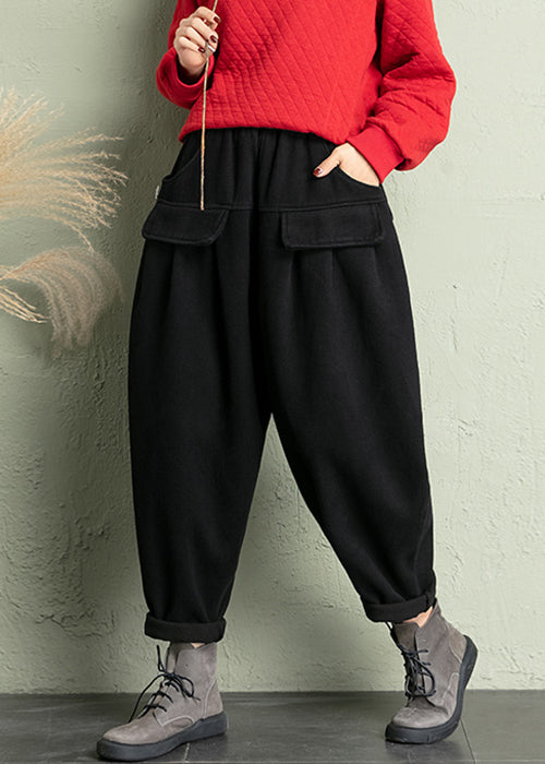 Black Solid Cotton Harem Pants Elastic Waist Spring