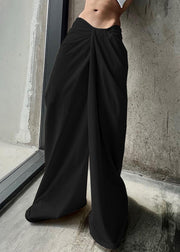 Black Solid Cotton Wide Leg Summer Pants Asymmetrical