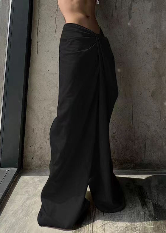 Black Solid Cotton Wide Leg Summer Pants Asymmetrical