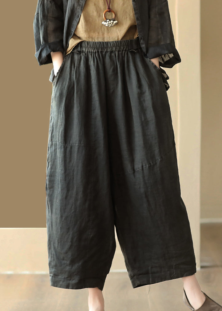 Black Solid Cozy Linen Wide Leg Pants Elastic Waist Summer